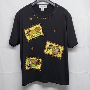Vintage Womens Top Beads Embelish Tiger Lion Cheetah Safari 2X - Victoria Woman